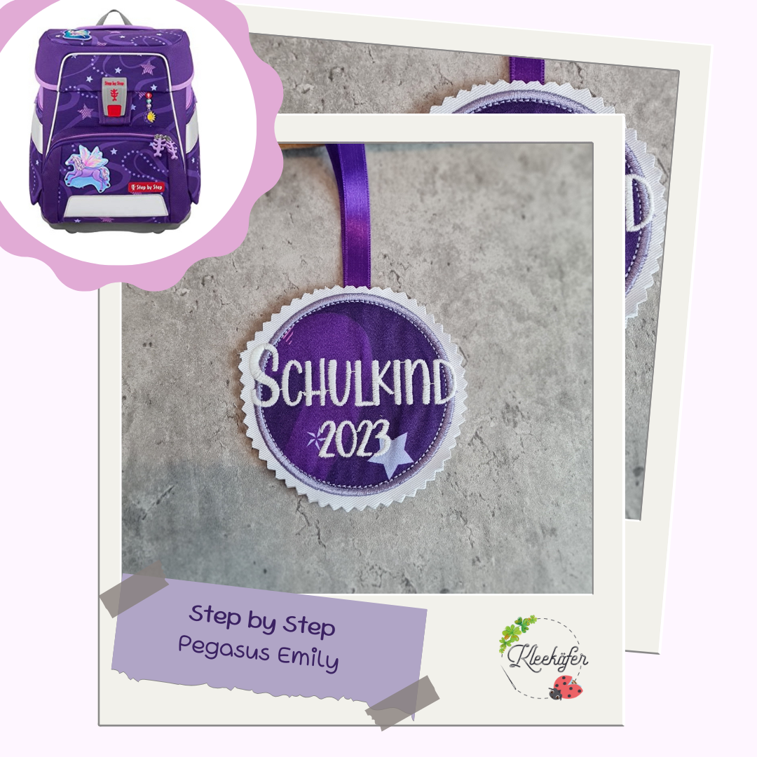 Applikation Aufnäher Button Klettie  | Schulkind 2025 | Pegasus Emily | Rund