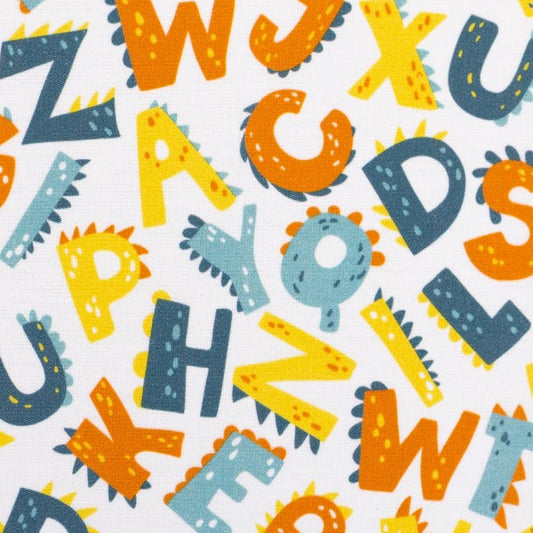 Baumwollwebware | Dino- Buchstaben | Weiß