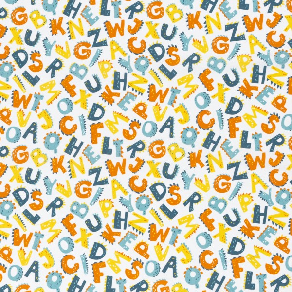 Baumwollwebware | Dino- Buchstaben | Weiß