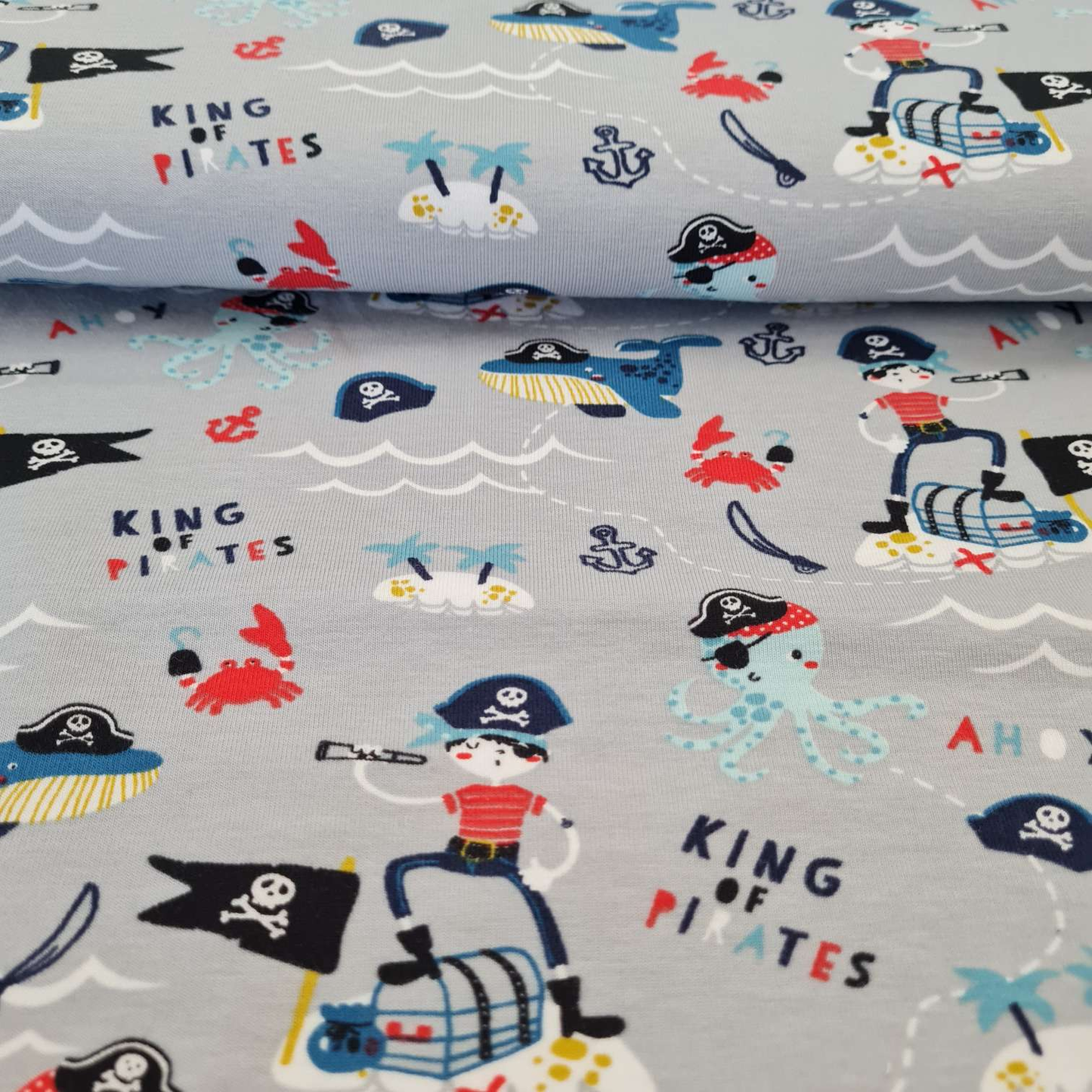 50cm Abschnitte Baumwolljersey | Piraten | Hellgrau