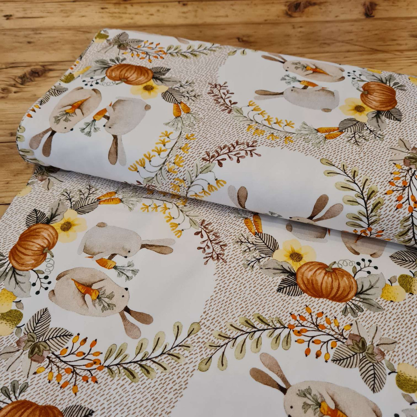 Baumwolljersey | Hasen & Kürbisse | Beige