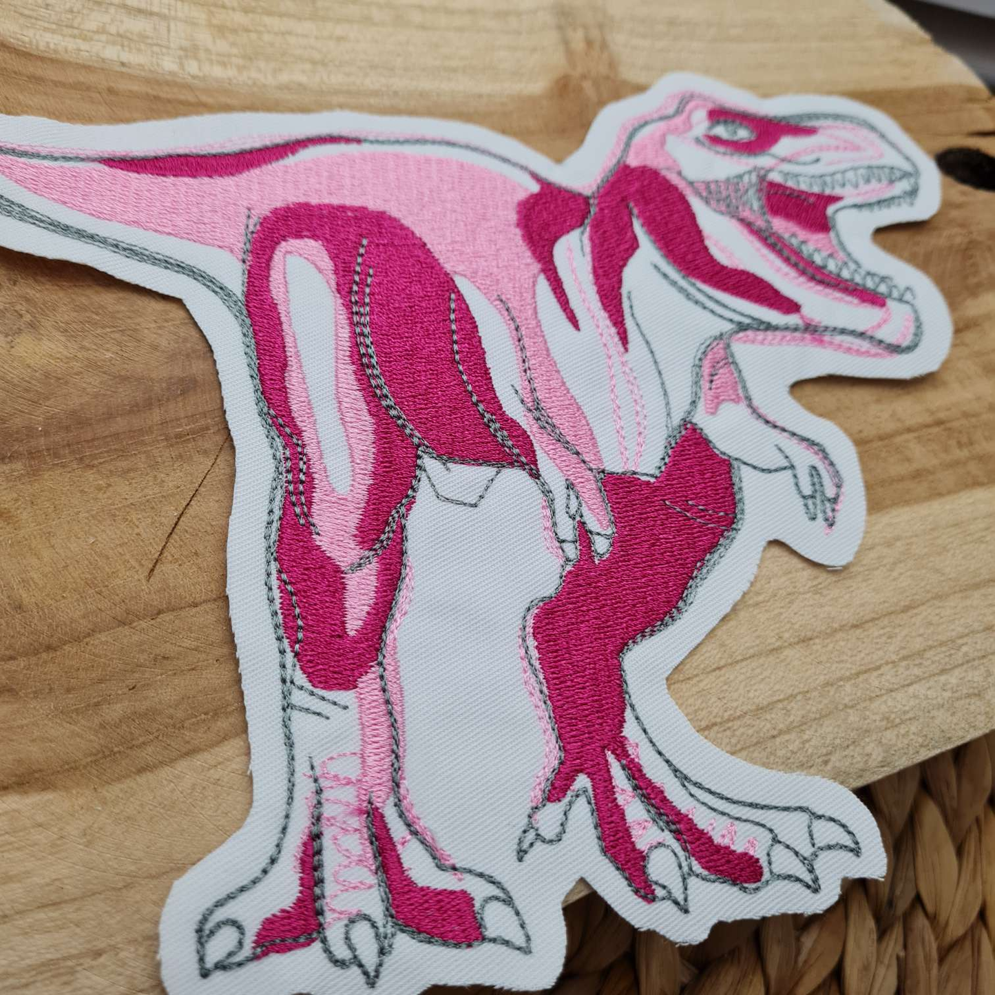 Aufnäher Flicken Applikation | Dinosaurier | T-Rex | Pink Rosa | 19 x 15 cm