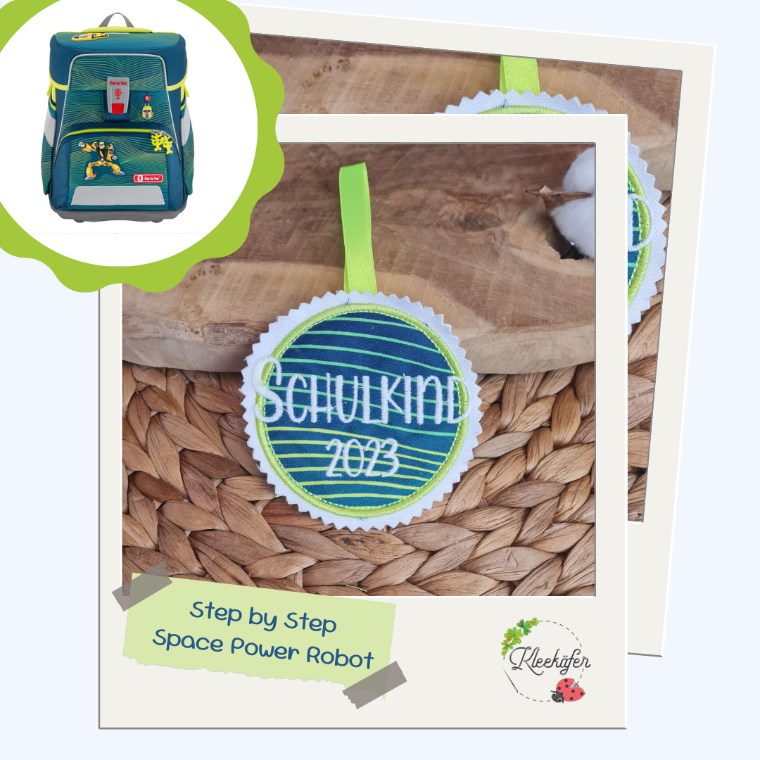 Applikation Aufnäher Button Klettie | Schulkind 2025 | Step by Step Power Robot | Rund